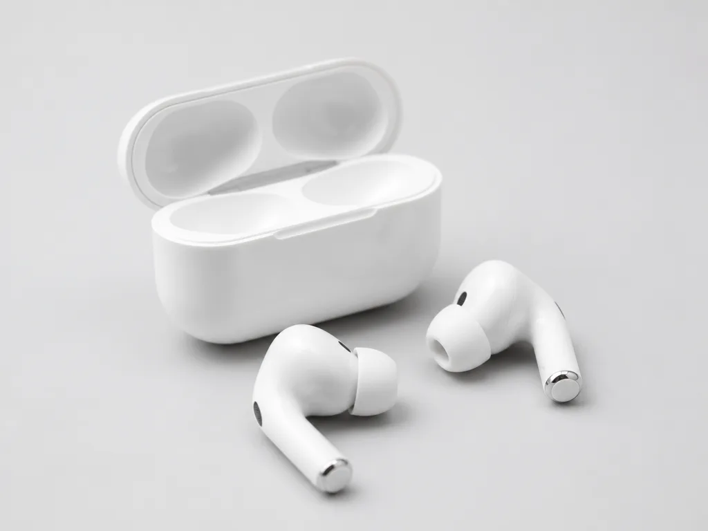 Trådlösa earbuds på ljusgrå neutral yta i mjuk studiomiljö