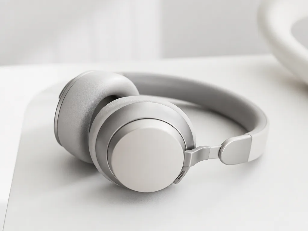 Trådlösa over-ear-hörlurar på en minimalistisk vit yta i mjukt studioljus