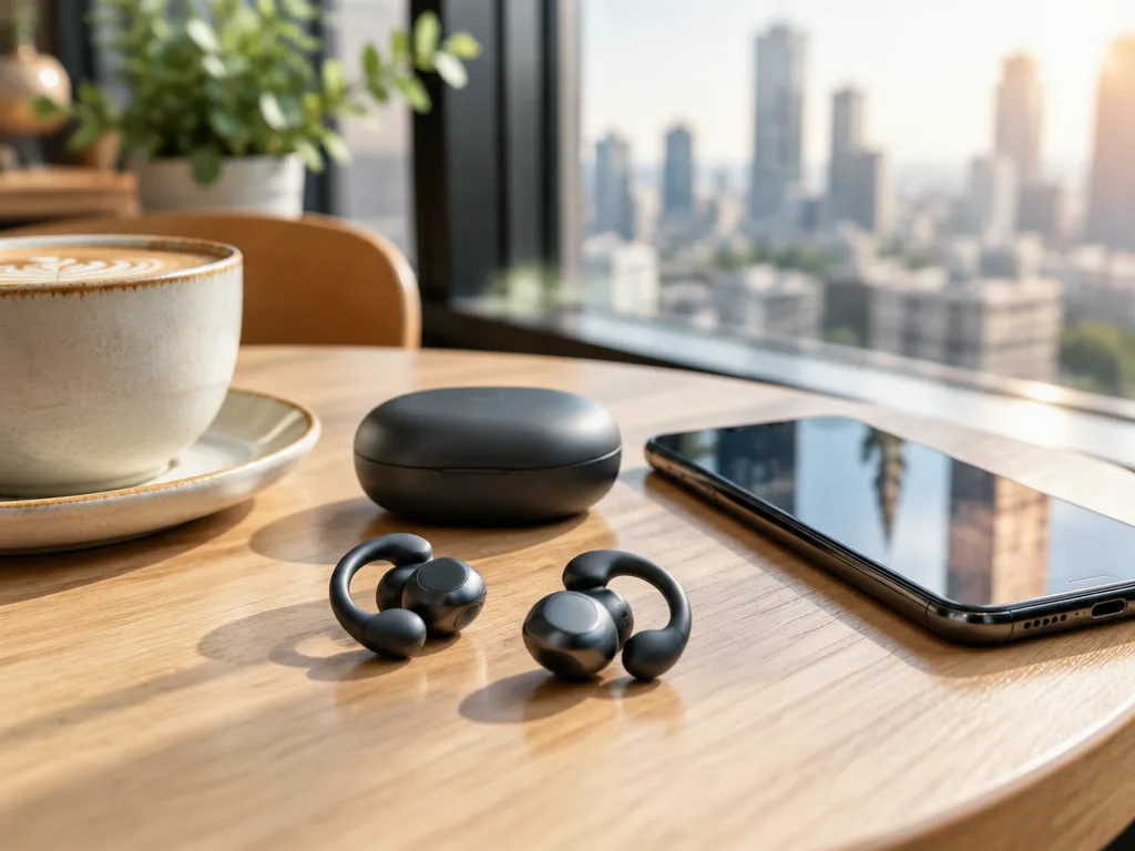 Svarta öppna trådlösa hörlurar med klämma och ett runt laddningsfodral på ett träbord bredvid en kaffekopp och en mobiltelefon, med stadsutsikt genom fönstret