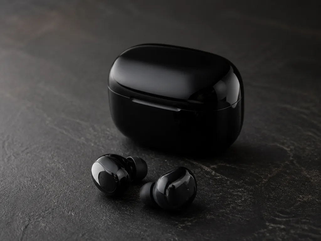 Premiumdesignade trådlösa in-ear earbuds med glansigt laddningsetui på mörk texturerad yta