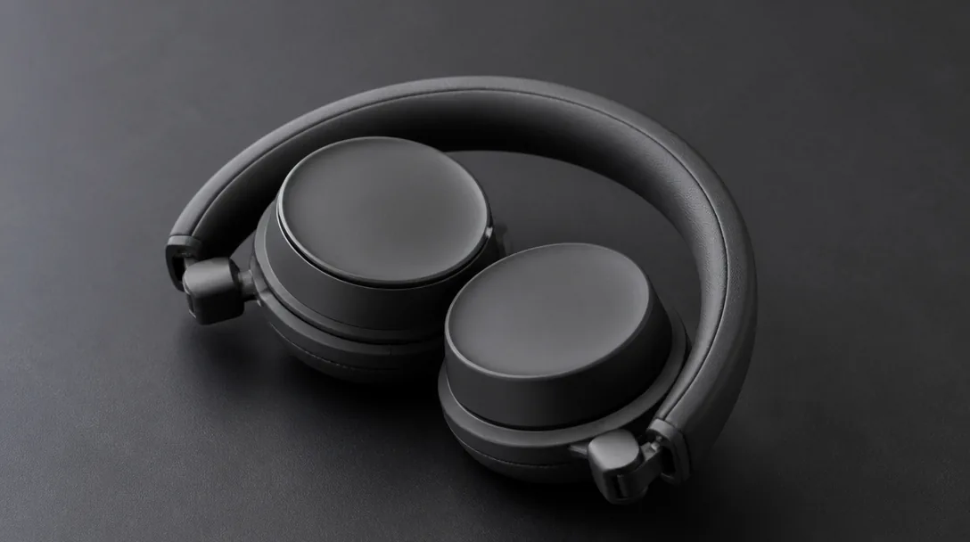Lättviktiga on-ear hörlurar vikta kompakt på mörk yta, minimalistisk produktfotografi