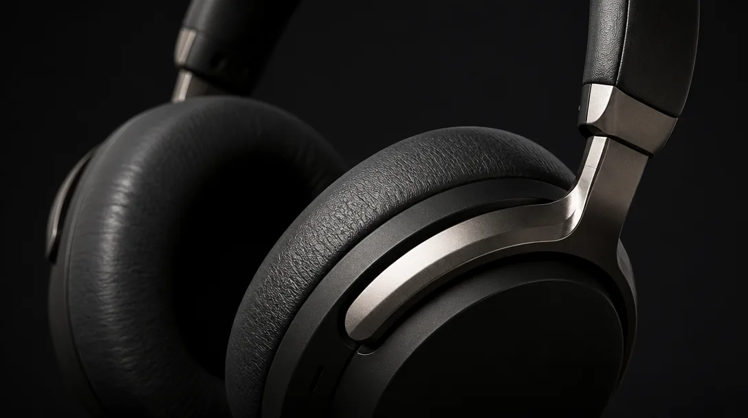 Sony over-ear hörlurars ANC-öronkupor med detaljbild av kuddar och aluminiumdetaljer