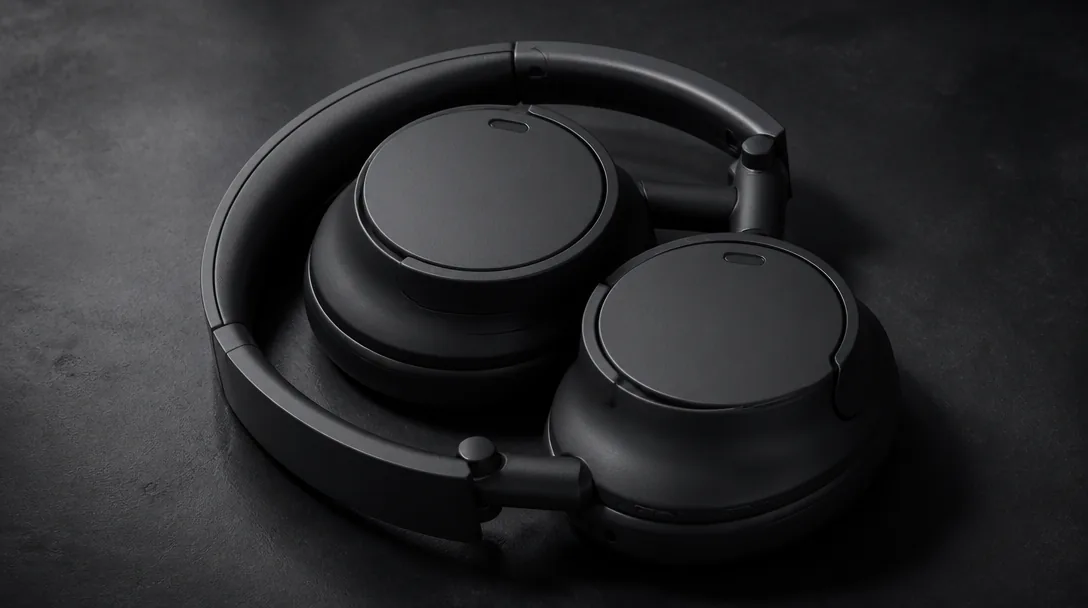 Sony WH-CH720N brusreducerande over-ear hörlurar vikta på mörk matt yta