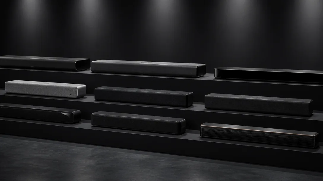 Flera soundbars uppradade för jämförelsetest i mörk studiomiljö