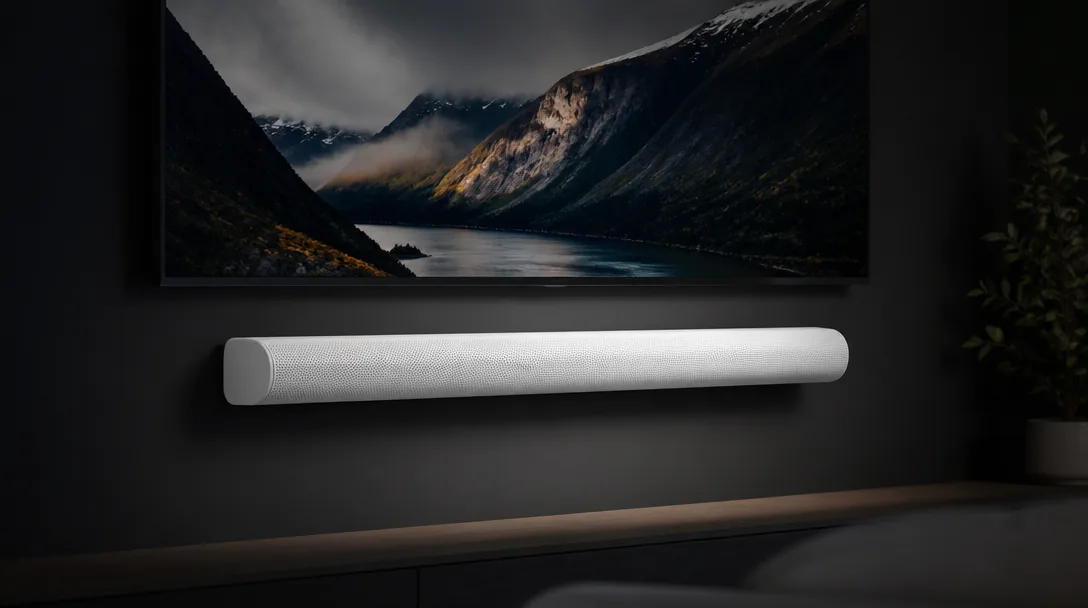 Sonos Arc Ultra soundbar monterad under stor OLED-TV i mörkt vardagsrum
