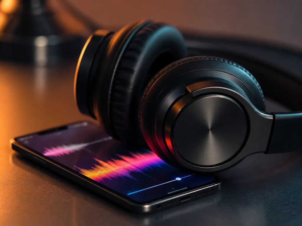 Trådlösa hörlurar vilande på en smartphone som visar en färgglad ljudvågsanimation i en musikstreamingapp