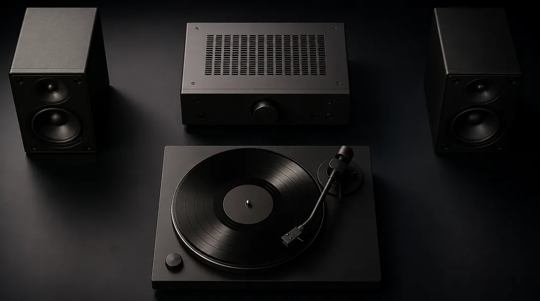 Komplett hi-fi stereoanläggning med förstärkare, högtalare och källa i mörk studio-belysning