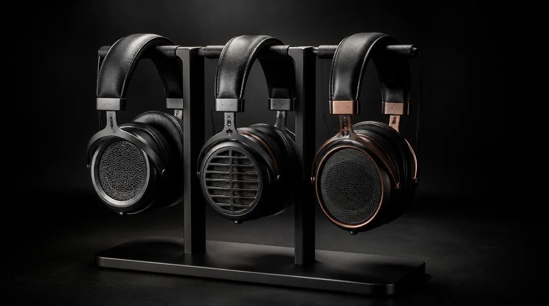 Premium trådbundna over-ear-hörlurar på mörk yta med studio-belysning