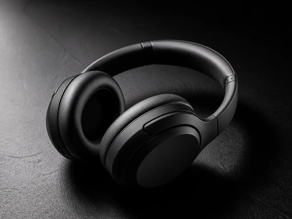 Sony trådlösa over-ear hörlurar på mörk texturerad yta i dramatisk studiomiljö med fokuserat ljus
