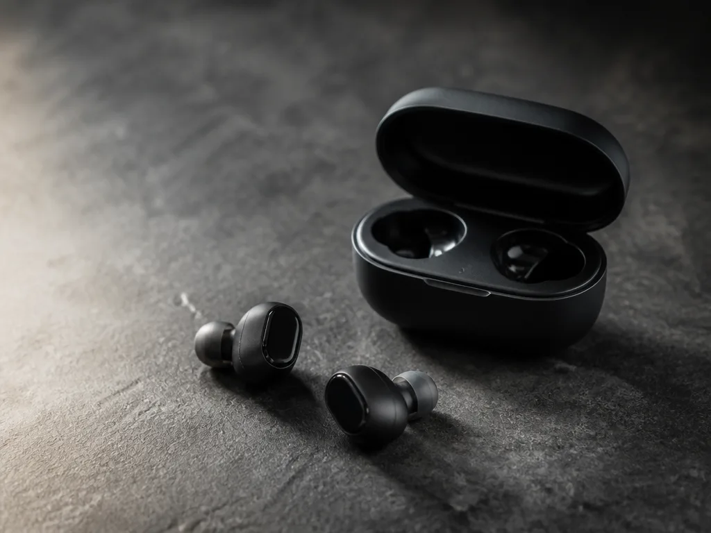 Trådlösa in-ear hörlurar med öppet laddningsetui på mörk yta i naturligt sidoljus