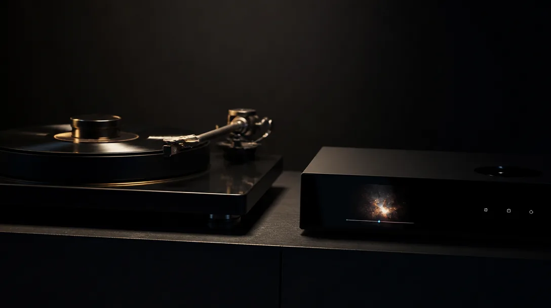 Vinyl-skiva och digital streamer sida vid sida i mörk studio-belysning