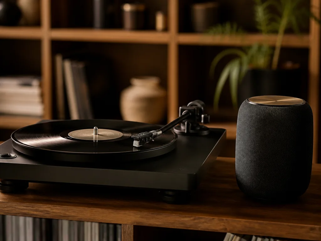 Vinylspelare med skivtallrik och trådlös Bluetooth-högtalare i varm studiomiljö