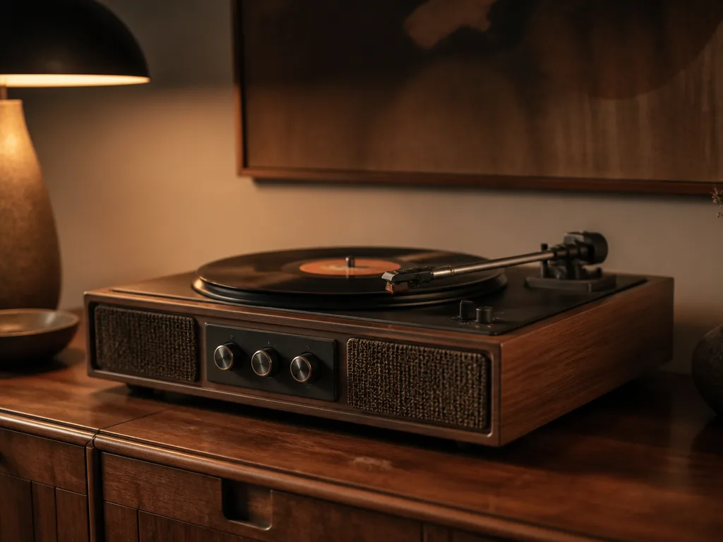 Vintage vinylspelare med inbyggda högtalare på ett träbord i varm studiomiljö