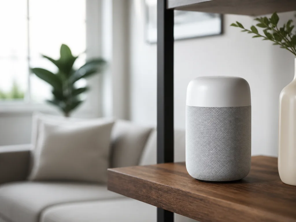 Vit smart wifi-högtalare på en hylla i ett ljust vardagsrum