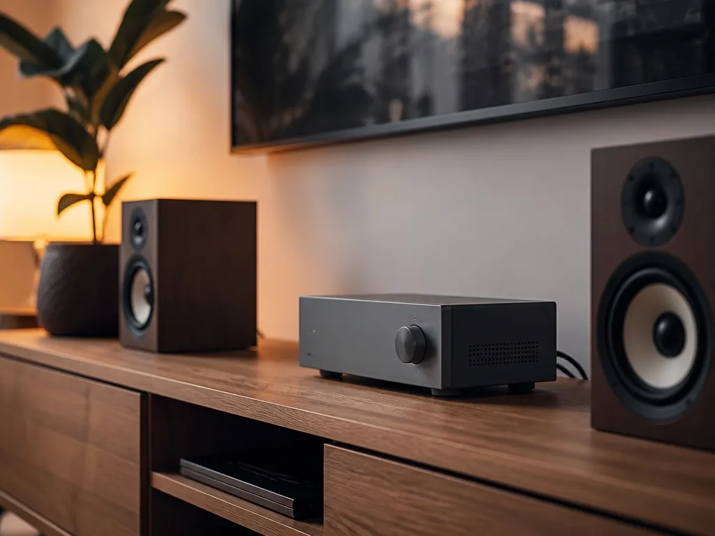 Kompakt grå streamingförstärkare med volymvred på en träbänk i ett vardagsrum, kopplad till ett par bokhyllehögtalare